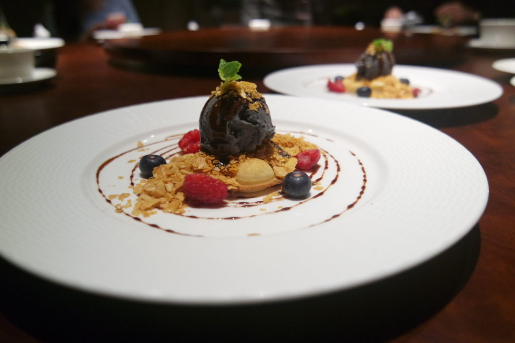 Egg Waffles with Berries & Black Sesame Ice Cream.